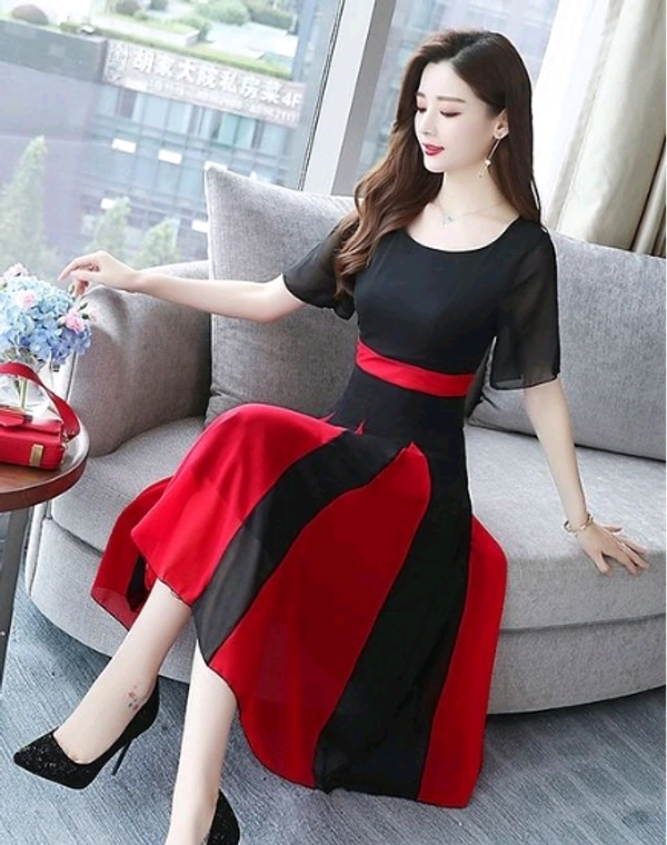 Elizy Women Black Plain Red KaliFlair Georgatte Maxi Dress - M